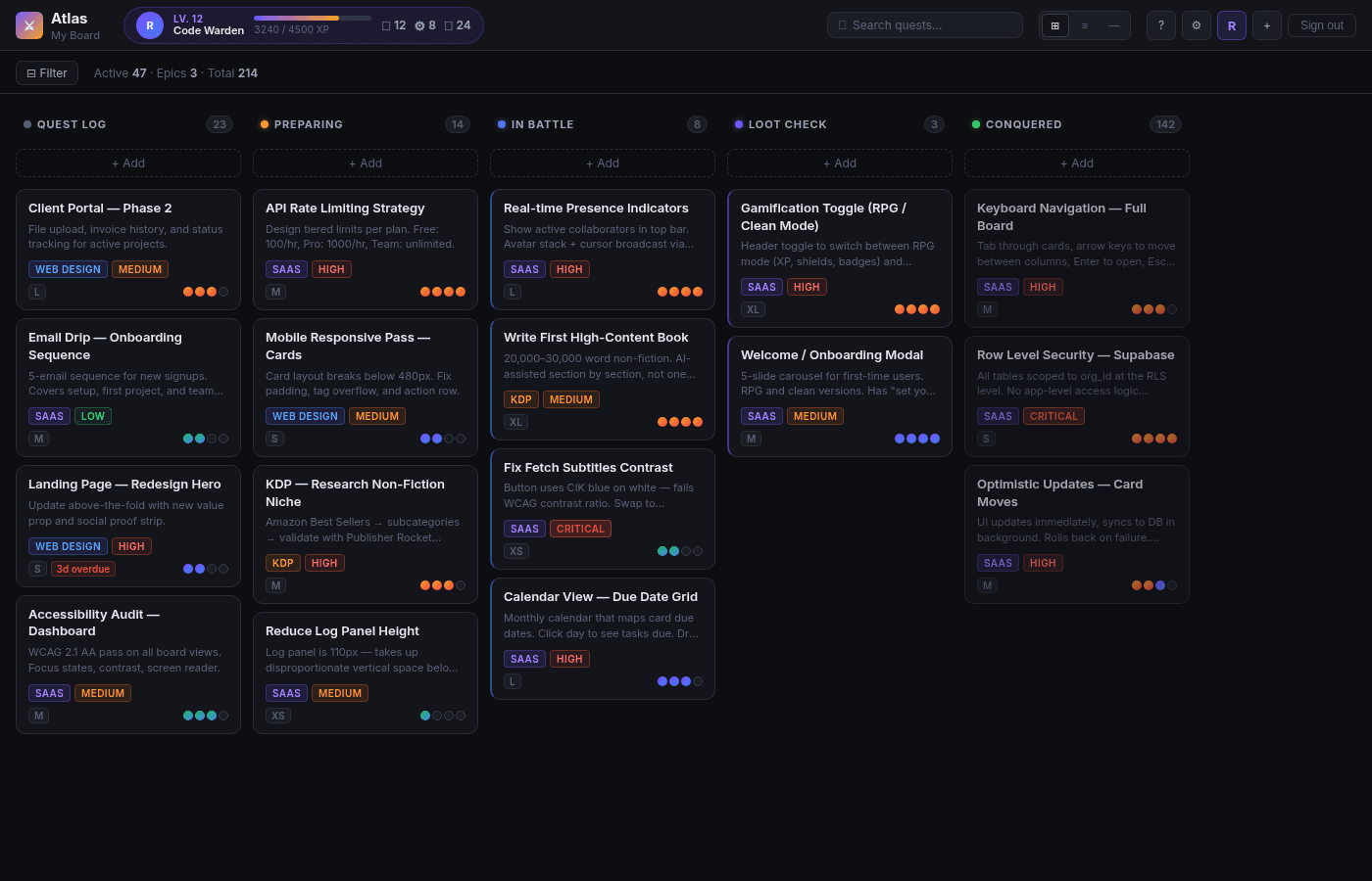 Atlas Board in RPG mode: dark theme with XP bar, level badge, and gamified column headers